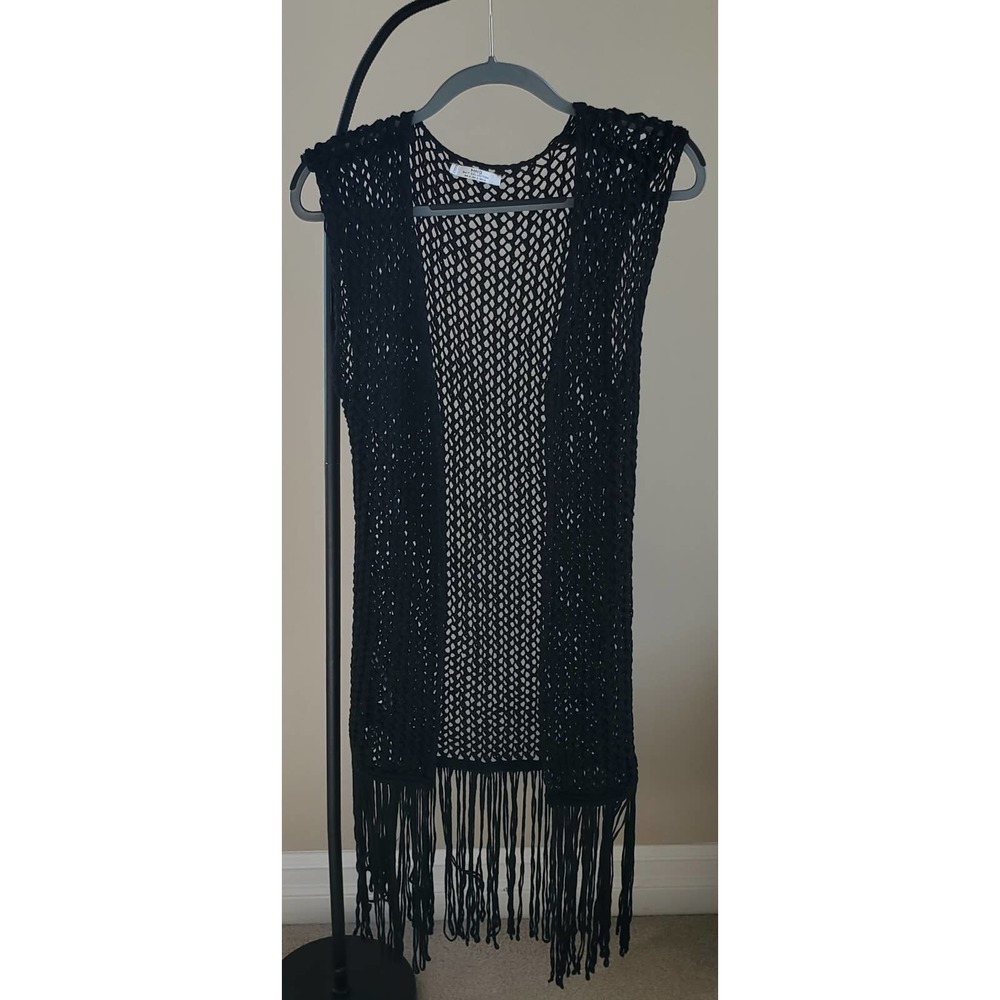Mango Black Open-Knit Fringe Cardigan